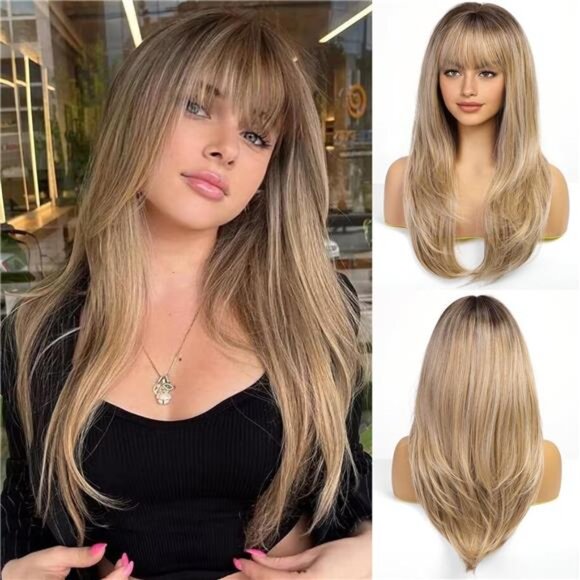 Blonde Wig With Bangs For Women Long Straight Wigs Synthetic Layered